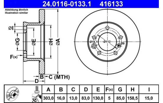 Brake Disc 24.0116-0133.1 ATE, Image 2