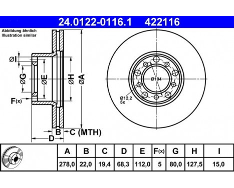 Brake Disc 24.0122-0116.1 ATE, Image 2 Brake Disc 24.0122-0116.1 ATE, Image 2
