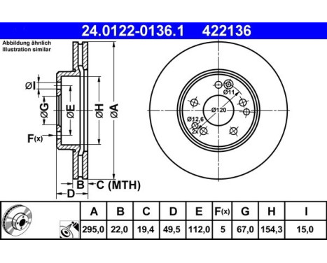 Brake Disc 24.0122-0136.1 ATE, Image 2