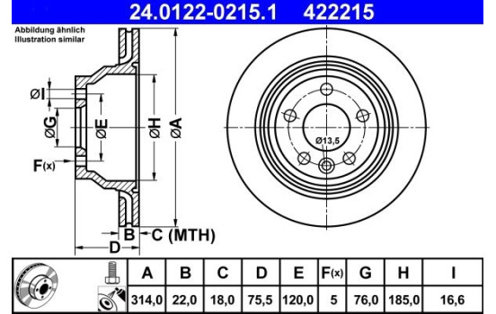 Brake Disc 24.0122-0215.1 ATE, Image 2