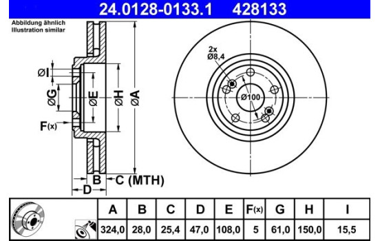 Brake Disc 24.0128-0133.1 ATE, Image 2