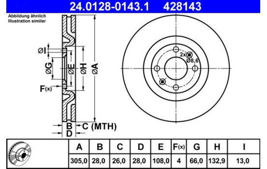 Brake Disc 24.0128-0143.1 ATE, Image 2