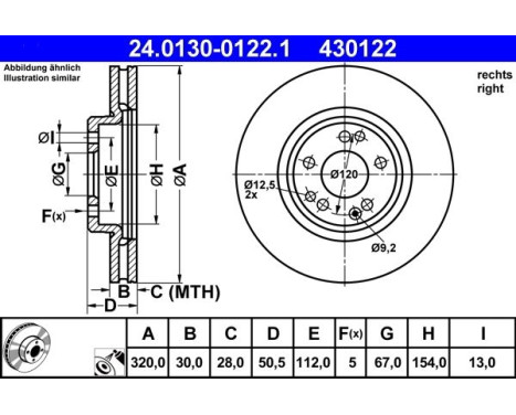 Brake Disc 24.0130-0122.1 ATE, Image 2