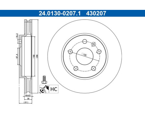 Brake Disc 24.0130-0207.1 ATE, Image 3