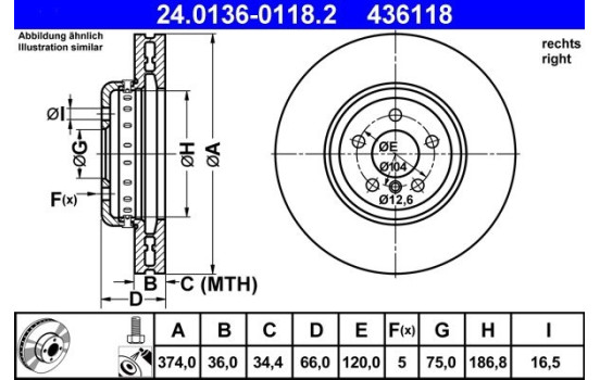 Brake Disc 24.0136-0118.2 ATE, Image 2