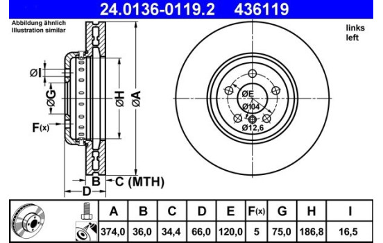 Brake Disc 24.0136-0119.2 ATE, Image 2