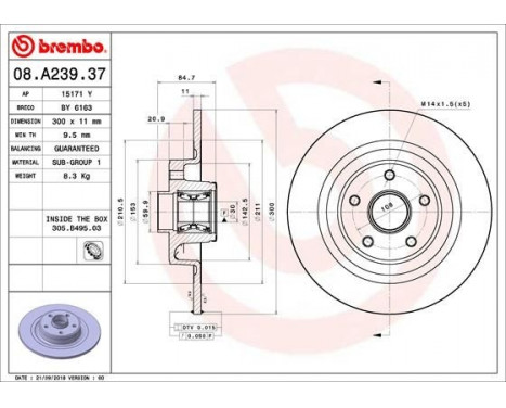 Brake Disc BEARING DISC LINE 08.A239.37 Brembo