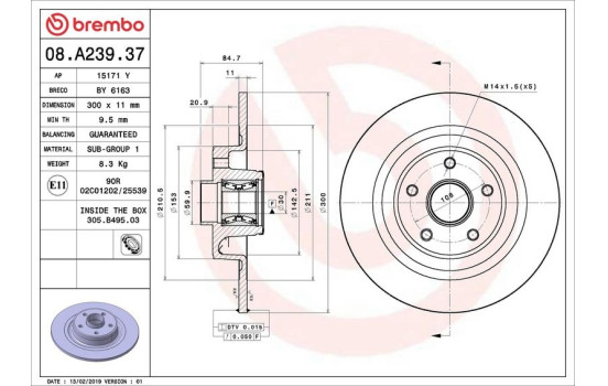 Brake Disc BEARING DISC LINE 08.A239.37 Brembo