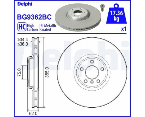Brake disc BG9362BC Delphi