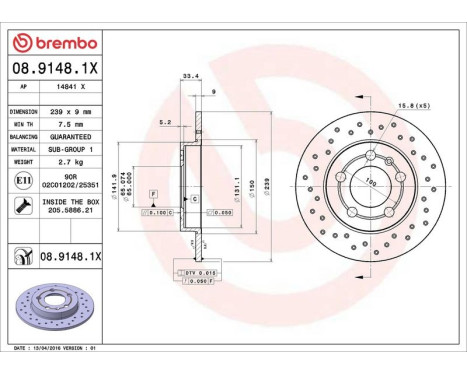 Brake Disc BREMBO XTRA LINE 08.9148.1X, Image 3
