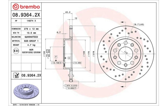 Brake Disc BREMBO XTRA LINE 08.9364.2X, Image 3
