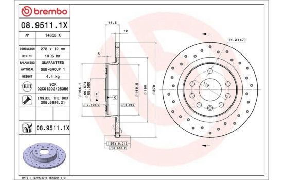 Brake Disc BREMBO XTRA LINE 08.9511.1X, Image 3