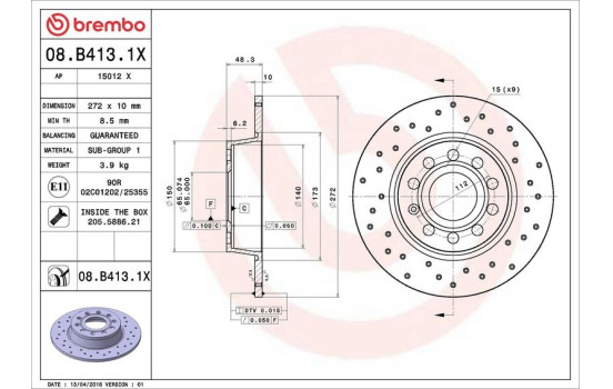 Brake Disc BREMBO XTRA LINE 08.B413.1X, Image 3