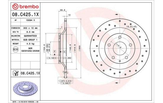 Brake Disc BREMBO XTRA LINE 08.C425.1X, Image 2