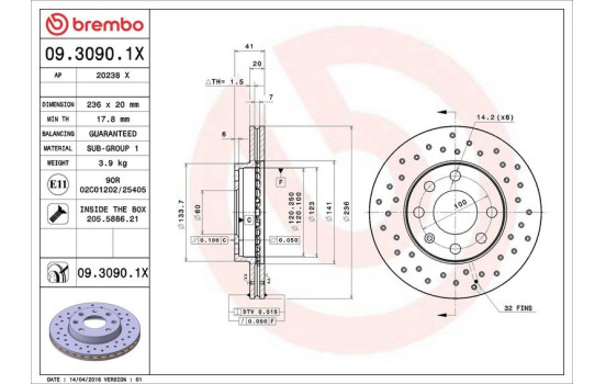 Brake Disc BREMBO XTRA LINE 09.3090.1X, Image 3