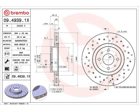 Brake Disc BREMBO XTRA LINE 09.4939.1X, Image 3