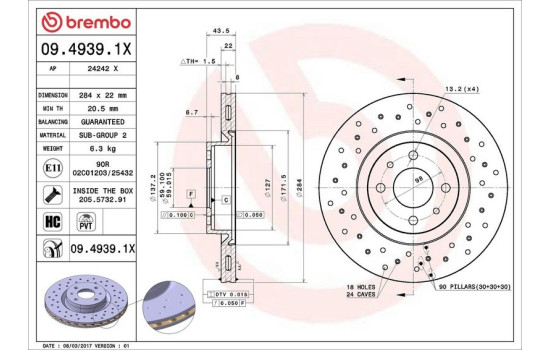 Brake Disc BREMBO XTRA LINE 09.4939.1X, Image 3
