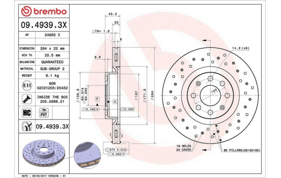 Brake Disc BREMBO XTRA LINE 09.4939.3X, Image 3