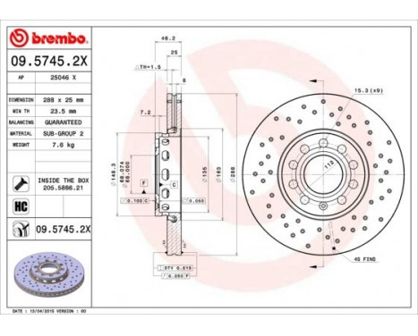 Brake Disc BREMBO XTRA LINE 09.5745.2X, Image 2