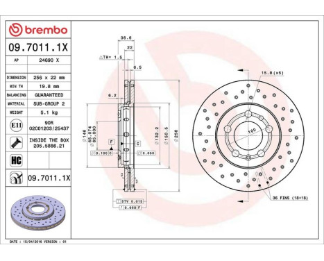 Brake Disc BREMBO XTRA LINE 09.7011.1X, Image 3