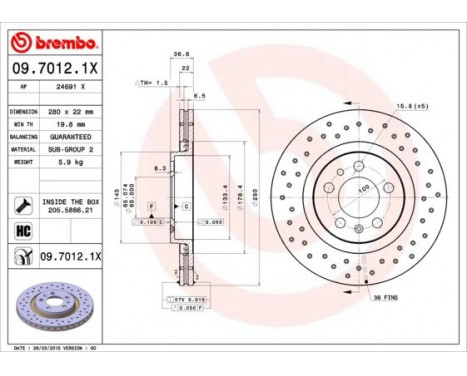 Brake Disc BREMBO XTRA LINE 09.7012.1X, Image 2