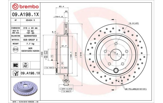 Brake Disc BREMBO XTRA LINE 09.A198.1X, Image 2