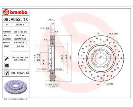 Brake Disc BREMBO XTRA LINE 09.A652.1X, Image 2