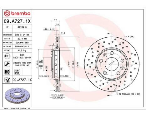 Brake Disc BREMBO XTRA LINE 09.A727.1X, Image 3