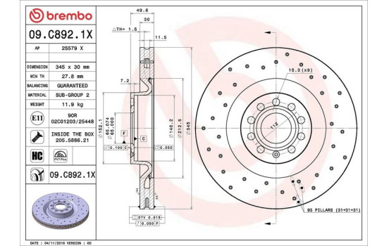 Brake Disc BREMBO XTRA LINE 09.C892.1X, Image 2