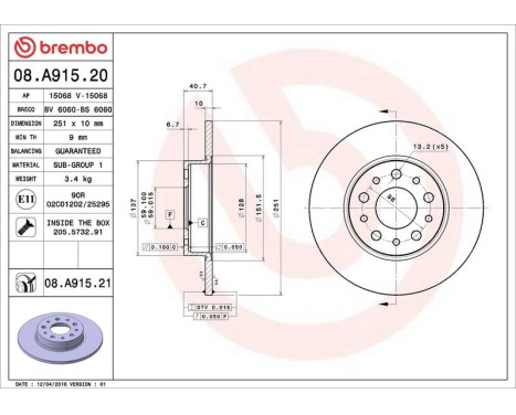 Brake Disc COATED DISC LINE 08.A915.21 Brembo, Image 3