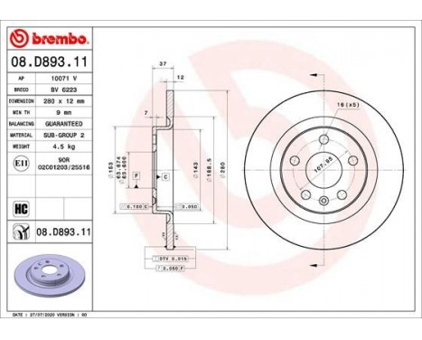 Brake Disc COATED DISC LINE 08.D893.11 Brembo