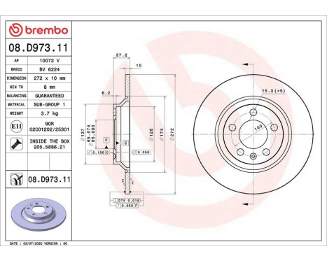 Brake Disc COATED DISC LINE 08.D973.11 Brembo