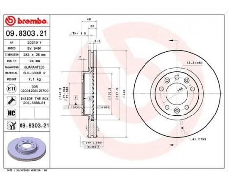 Brake Disc COATED DISC LINE 09.8303.21 Brembo