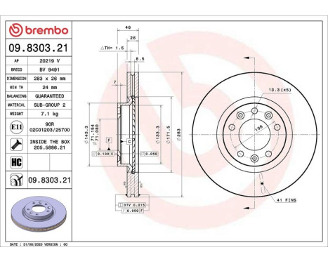 Brake Disc COATED DISC LINE 09.8303.21 Brembo