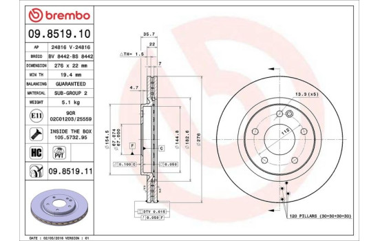 Brake Disc COATED DISC LINE 09.8519.11 Brembo, Image 3