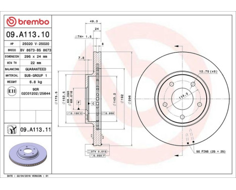 Brake Disc COATED DISC LINE 09.A113.11 Brembo, Image 3