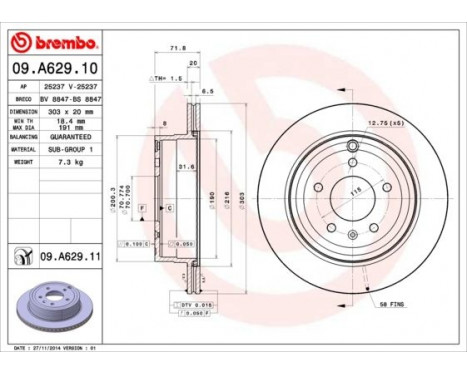 Brake Disc COATED DISC LINE 09.A629.11 Brembo, Image 2