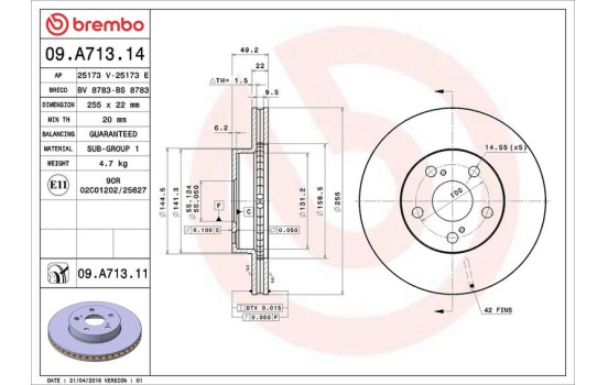 Brake Disc COATED DISC LINE 09.A713.11 Brembo, Image 3
