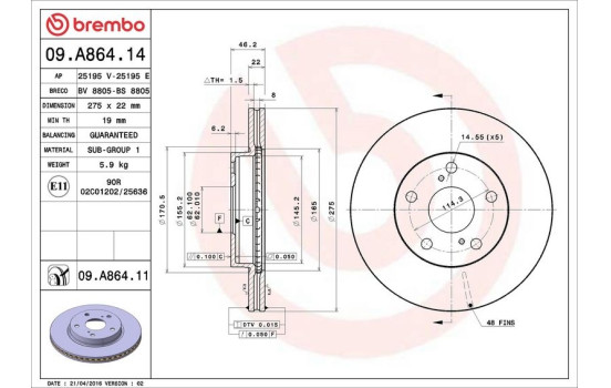 Brake Disc COATED DISC LINE 09.A864.11 Brembo, Image 3