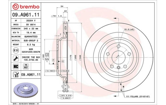 Brake Disc COATED DISC LINE 09.A961.11 Brembo, Image 3