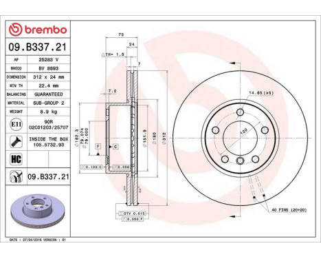 Brake Disc COATED DISC LINE 09.B337.21 Brembo, Image 5