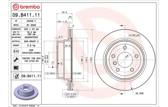 Brake Disc COATED DISC LINE 09.B411.11 Brembo, Image 3