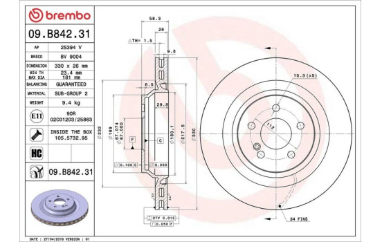 Brake Disc COATED DISC LINE 09.B842.31 Brembo, Image 3