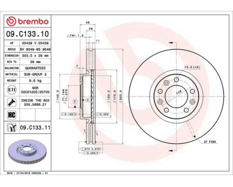 Brake Disc COATED DISC LINE 09.C133.11 Brembo, Image 3