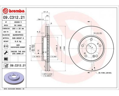 Brake Disc COATED DISC LINE 09.C312.21 Brembo