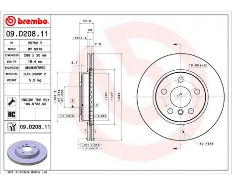 Brake Disc COATED DISC LINE 09.D208.11 Brembo, Image 2