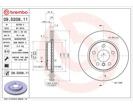 Brake Disc COATED DISC LINE 09.D208.11 Brembo, Image 3