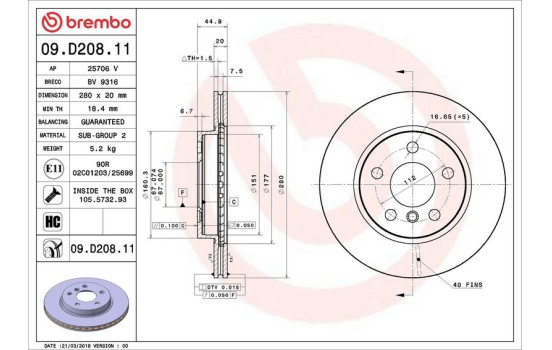 Brake Disc COATED DISC LINE 09.D208.11 Brembo, Image 3