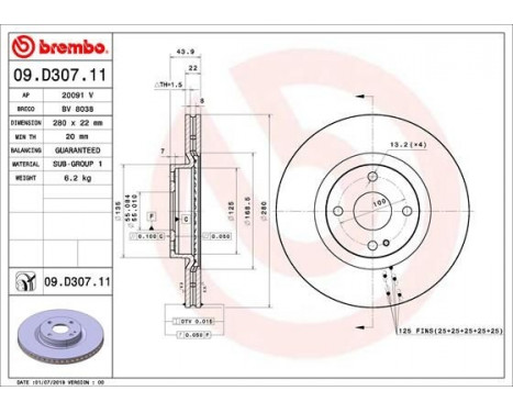 Brake Disc COATED DISC LINE 09.D307.11 Brembo