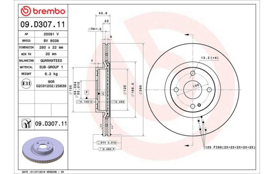 Brake Disc COATED DISC LINE 09.D307.11 Brembo, Image 2
